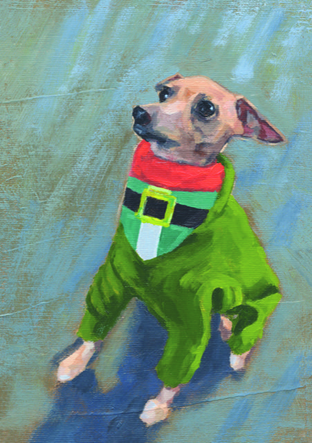 a greeting card showing a painting of an Italian Greyhound wearing a green elf costume.
